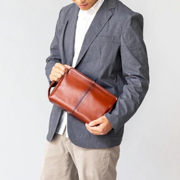 画像5: セカンドポーチ メンズ ハンドバッグ 牛革 レザー 国産 豊岡製 アンティーク調 シャドー加工 普通サイズ 横型 フォーマル ブランド GEM BASIC 1520 本革 ブラウン お出掛け 集金 冠婚葬祭 旅行 外出 (5)