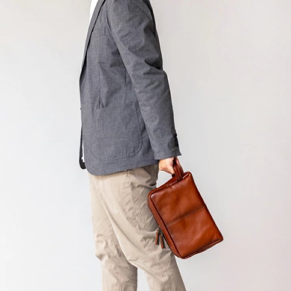 画像3: セカンドポーチ メンズ ハンドバッグ 牛革 レザー 国産 豊岡製 アンティーク調 シャドー加工 Wファスナー 横型 フォーマル ブランド GEM BASIC 1521 本革 ブラウン お出掛け 集金 冠婚葬祭 旅行 外出 (3)