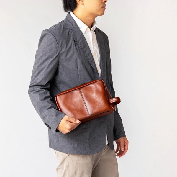 画像4: セカンドポーチ メンズ ハンドバッグ 牛革 レザー 国産 豊岡製 アンティーク調 シャドー加工 Wファスナー 横型 フォーマル ブランド GEM BASIC 1521 本革 ブラウン お出掛け 集金 冠婚葬祭 旅行 外出 (4)