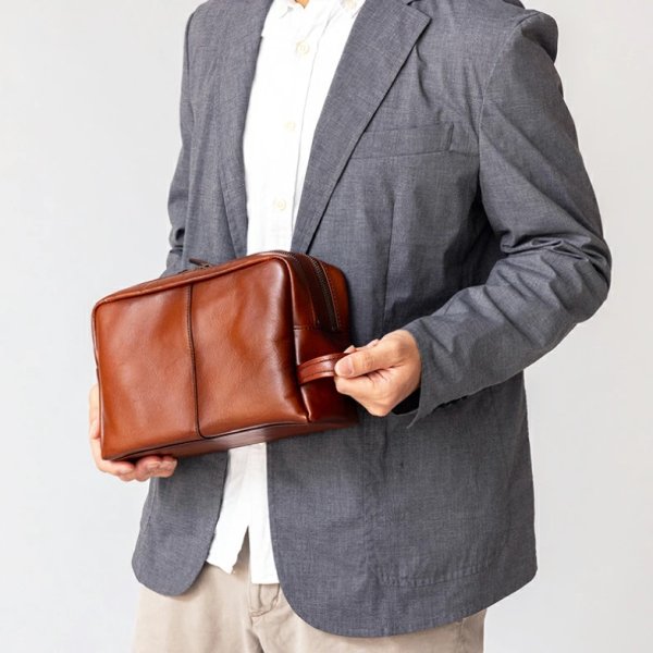 画像5: セカンドポーチ メンズ ハンドバッグ 牛革 レザー 国産 豊岡製 アンティーク調 シャドー加工 Wファスナー 横型 フォーマル ブランド GEM BASIC 1521 本革 ブラウン お出掛け 集金 冠婚葬祭 旅行 外出 (5)