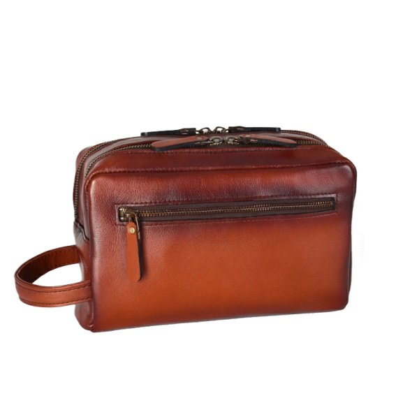 画像2: セカンドポーチ メンズ ハンドバッグ 牛革 レザー 国産 豊岡製 アンティーク調 シャドー加工 Wファスナー 横型 フォーマル ブランド GEM BASIC 1521 本革 ブラウン お出掛け 集金 冠婚葬祭 旅行 外出 (2)